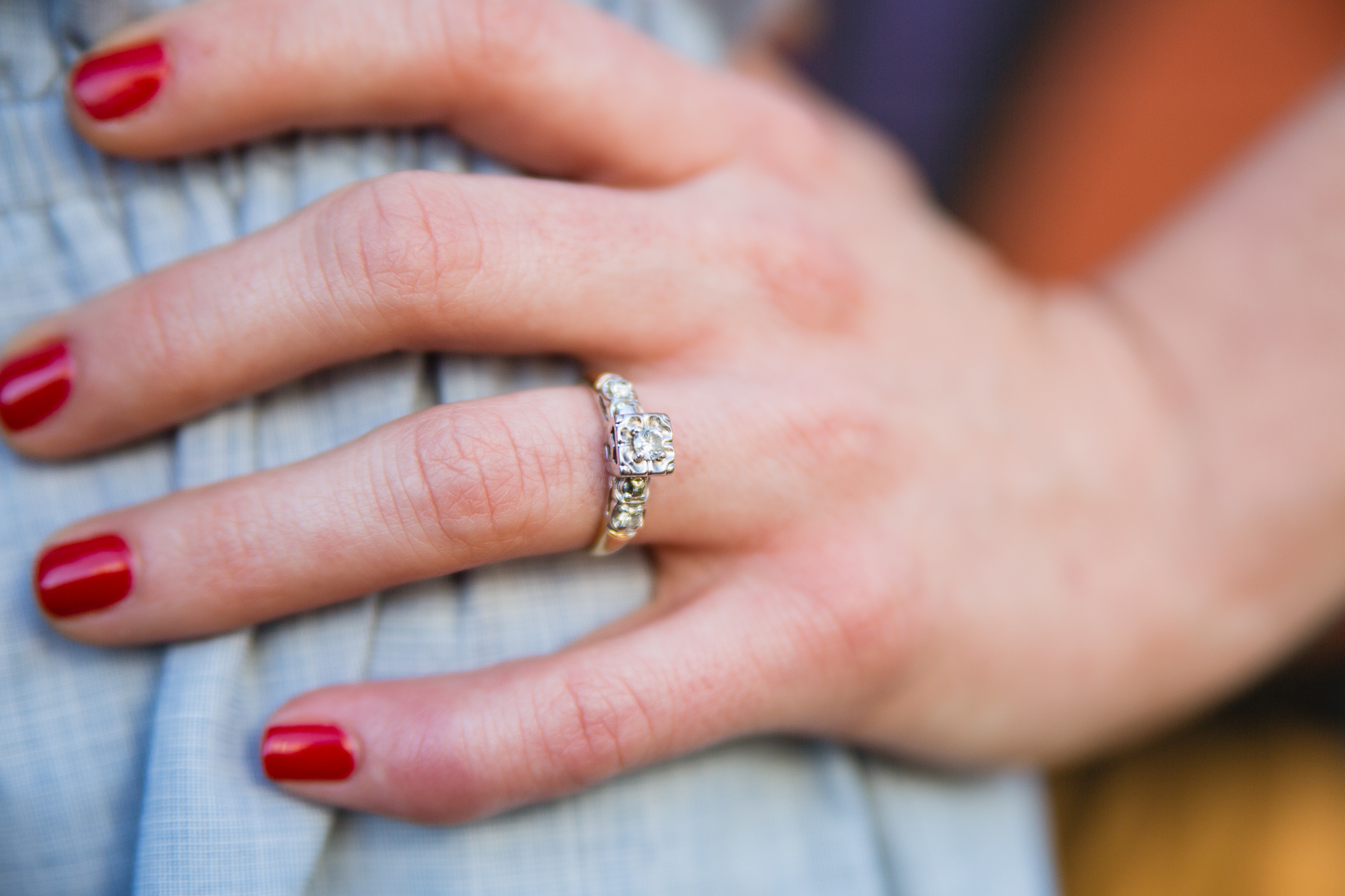 Close up image of unique vintage engagement ring by Phoenix engagement photographer PMA Photography.