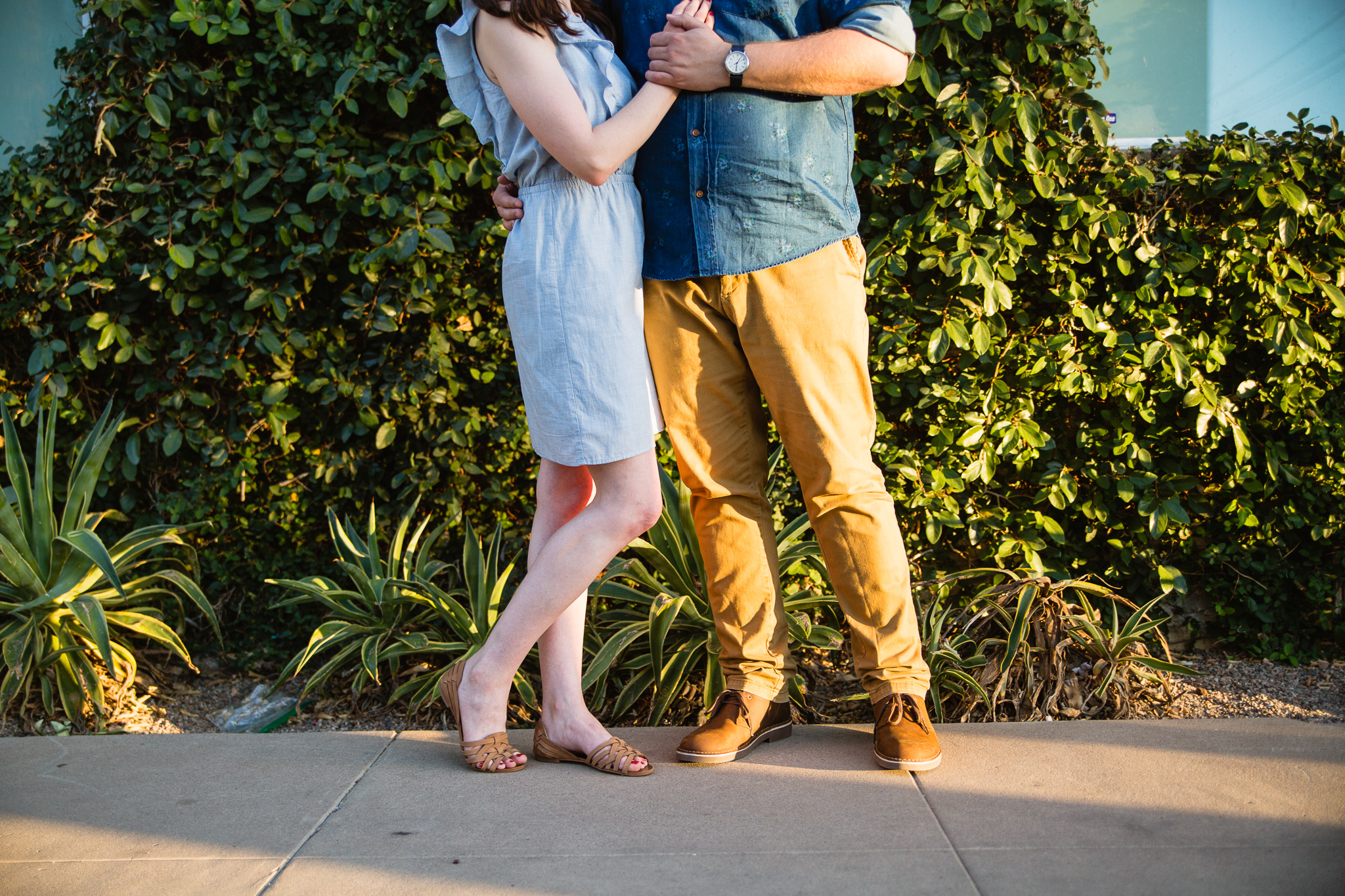 Couple's vintage inspired blue and tan engagement session outfit by PMA Photography.