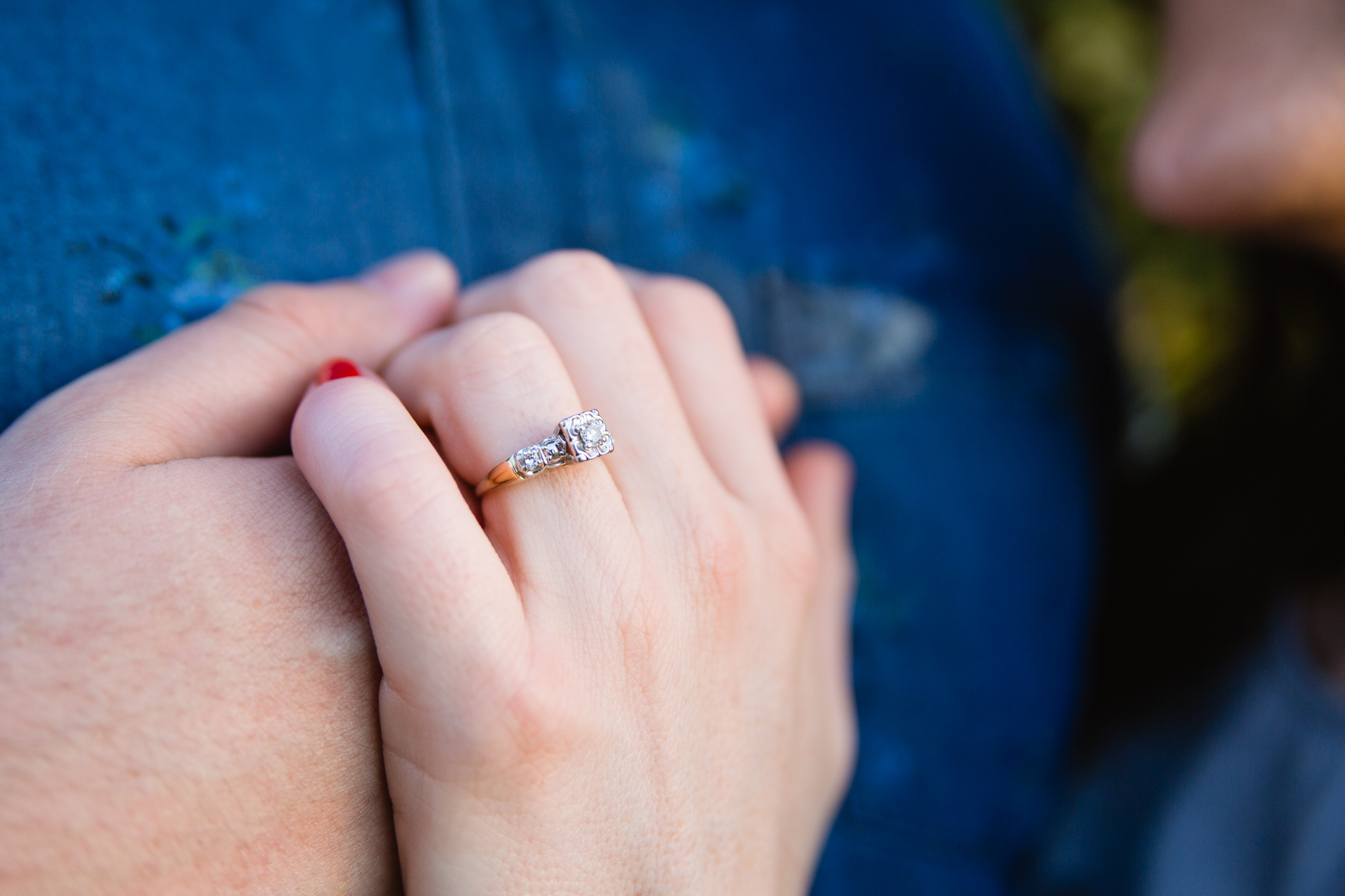 Close up image of a unique vintage engagement ring by PMA Photography.