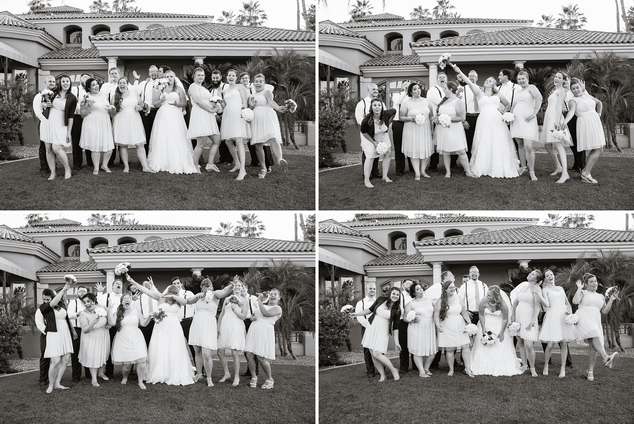 Bridal party having fun together at Val Vista Lakes weding by Arizona wedding photographer PMA Photography.