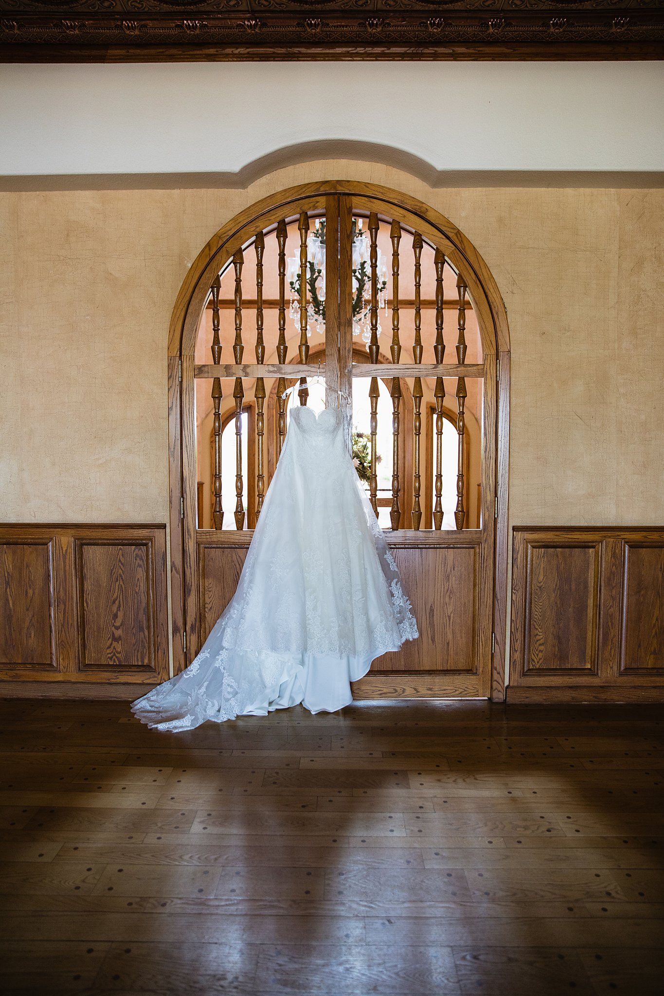 Bride's simple wedding dress for her Val Vista Lakes wedding by PMA Photography.