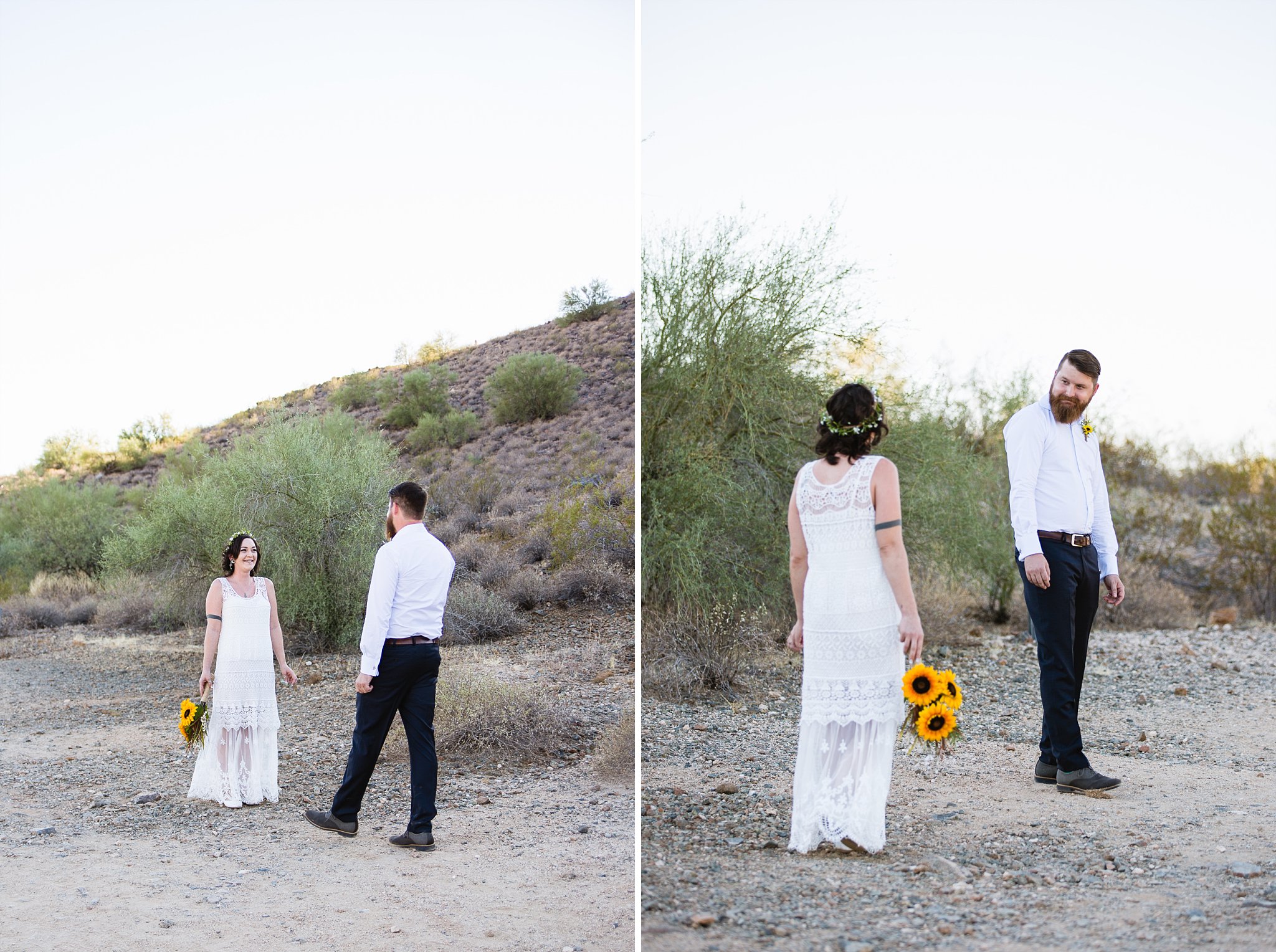 Simple boho inspired bride and groom see each other for the first time during their first look by Arizona wedding photographer PMA Photography.