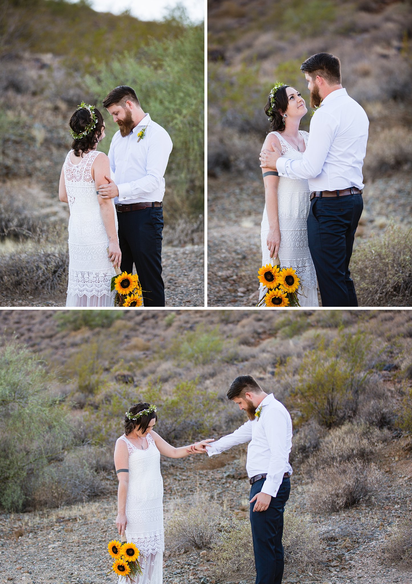 Bride and groom during their first look by Arizona wedding photographers PMA Photography.