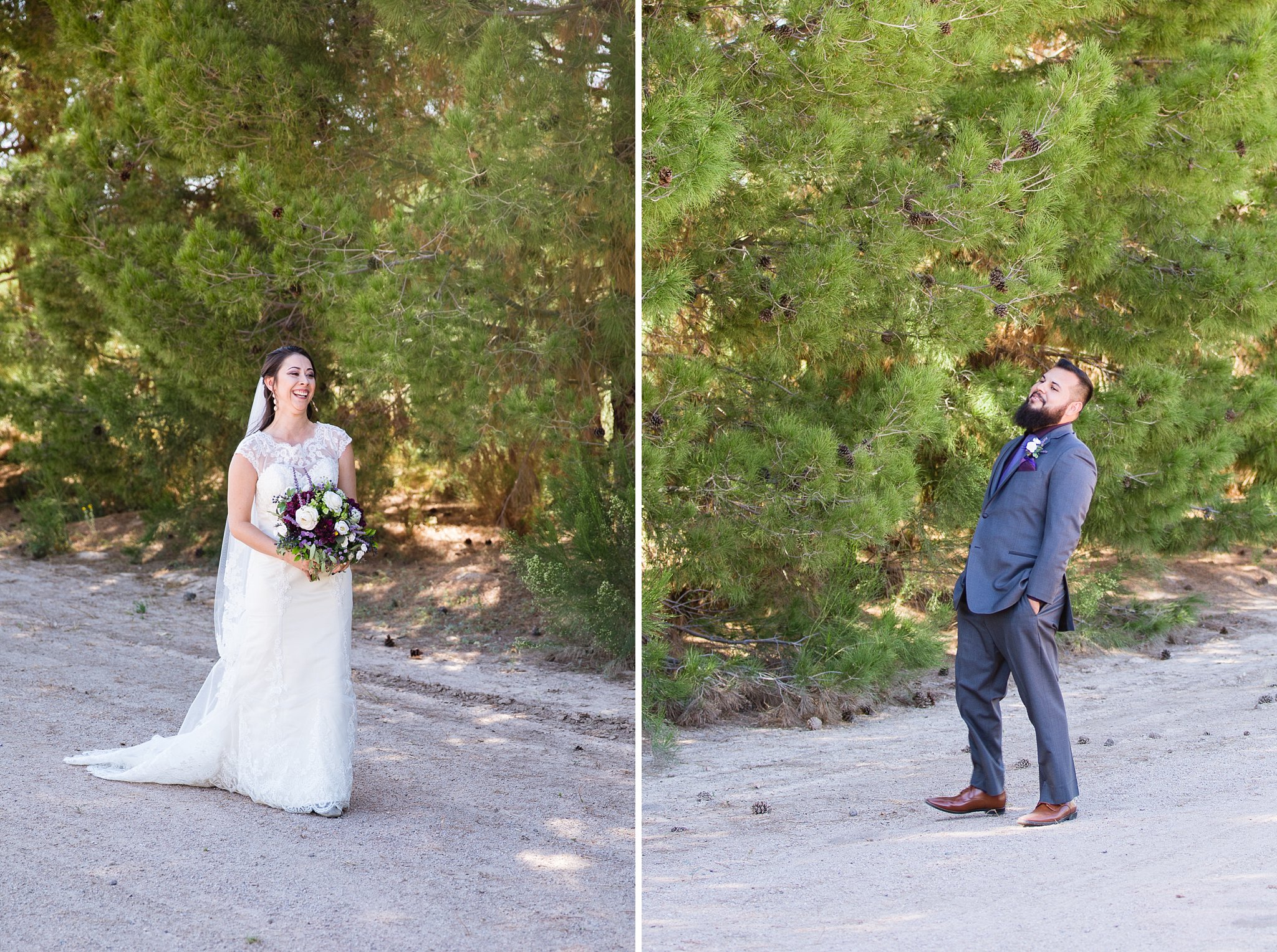 Photos of the bride and groom's expressions seeing each other for the first time during their first look by Arizona wedding photographers PMA Photography.