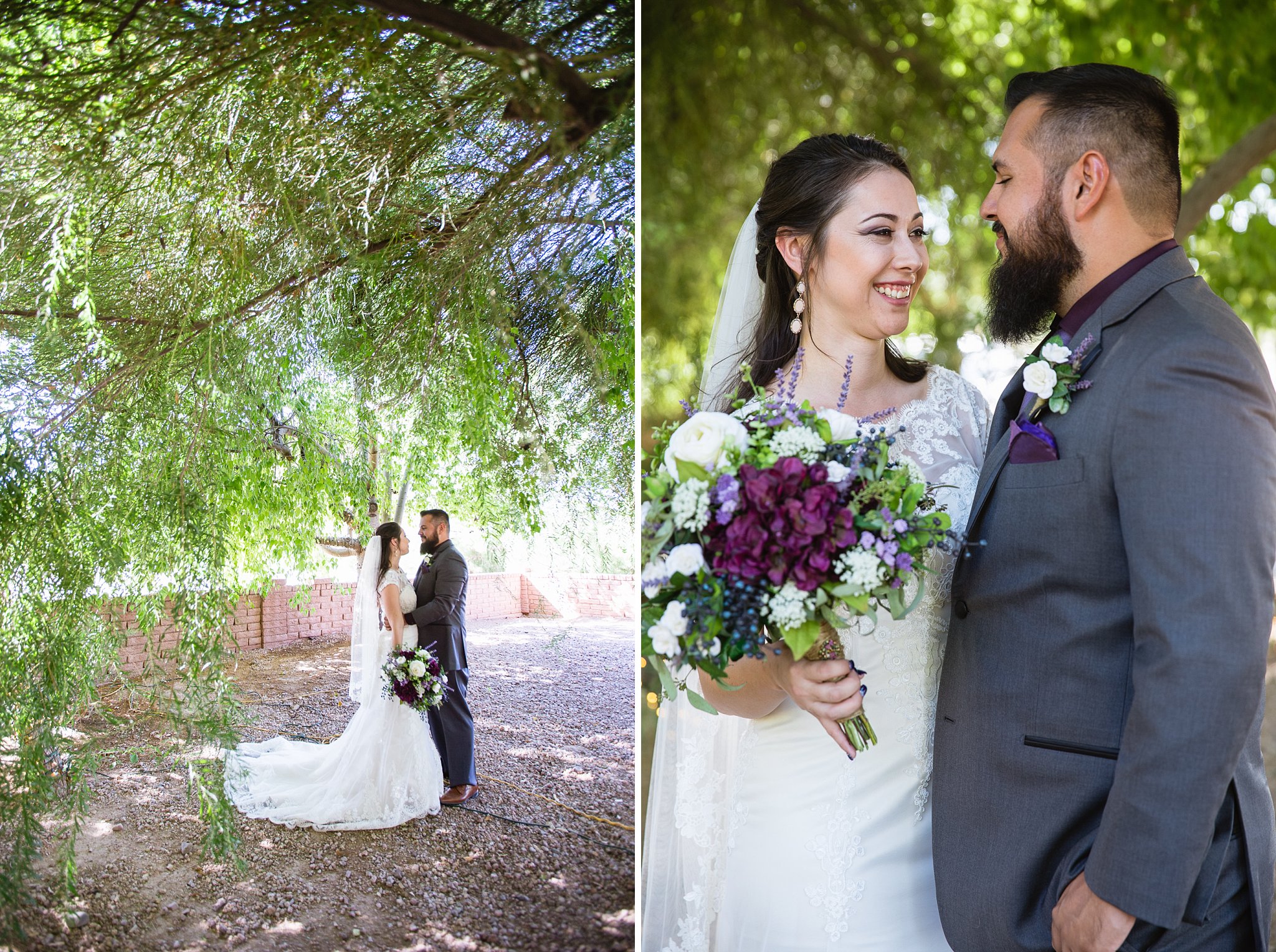 Purple and grey wedding bride and groom