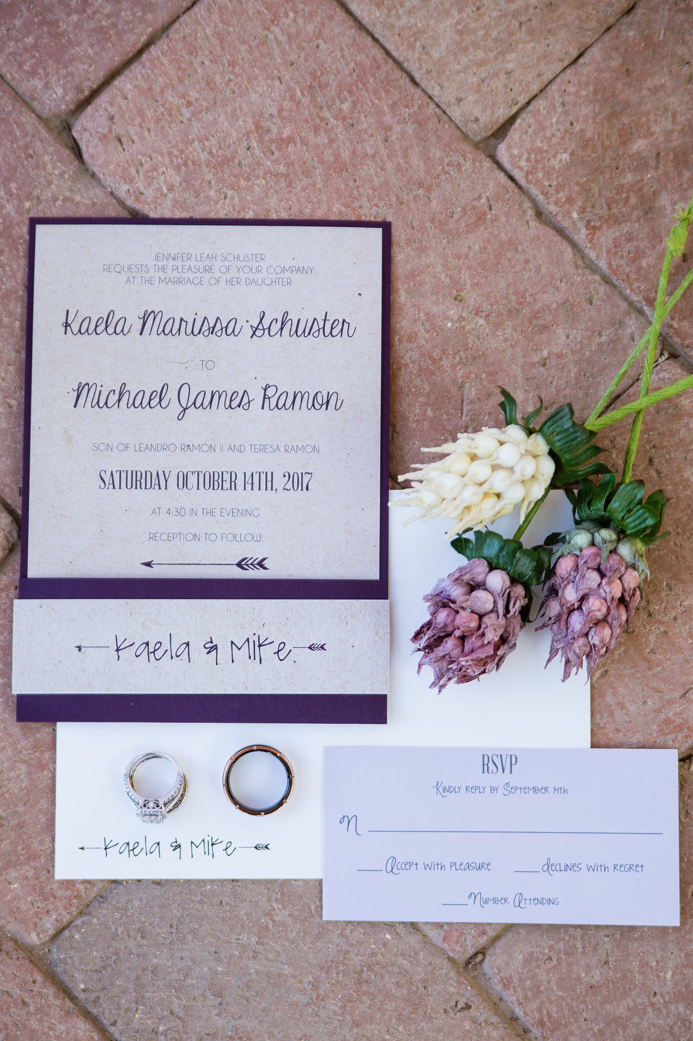 Purple and grey rustic wedding invitations with bride and groom's rings wedding details by wedding photographers PMA Photography.