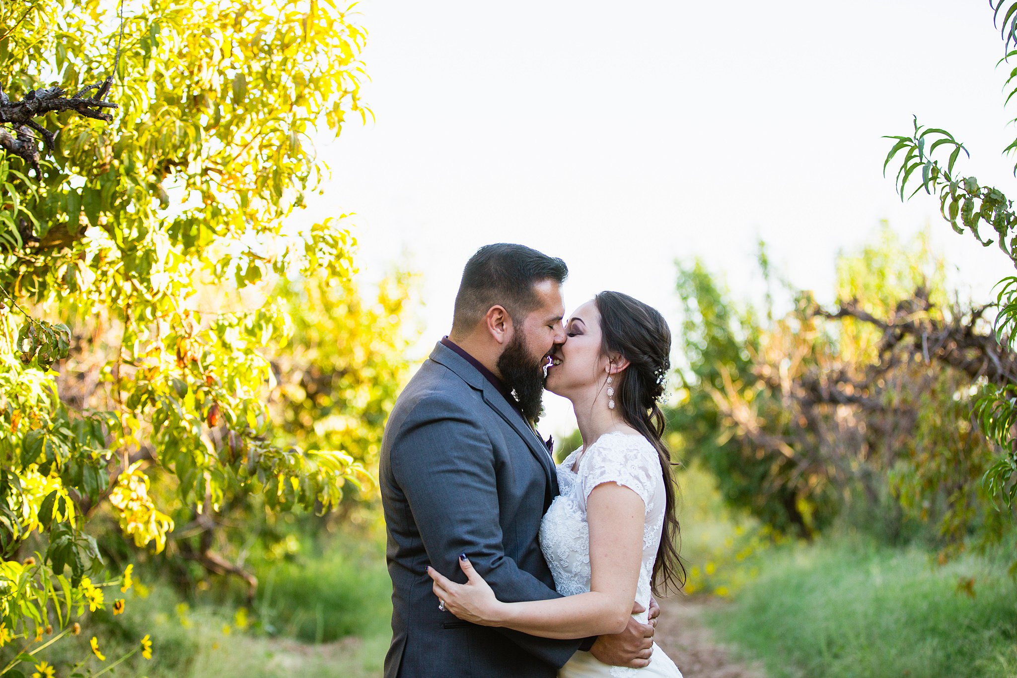 Bride and groom sharing a kiss in the orchard at the Schnepf Farm's Farmhouse by Phoenix wedding photographers PMA Photography.