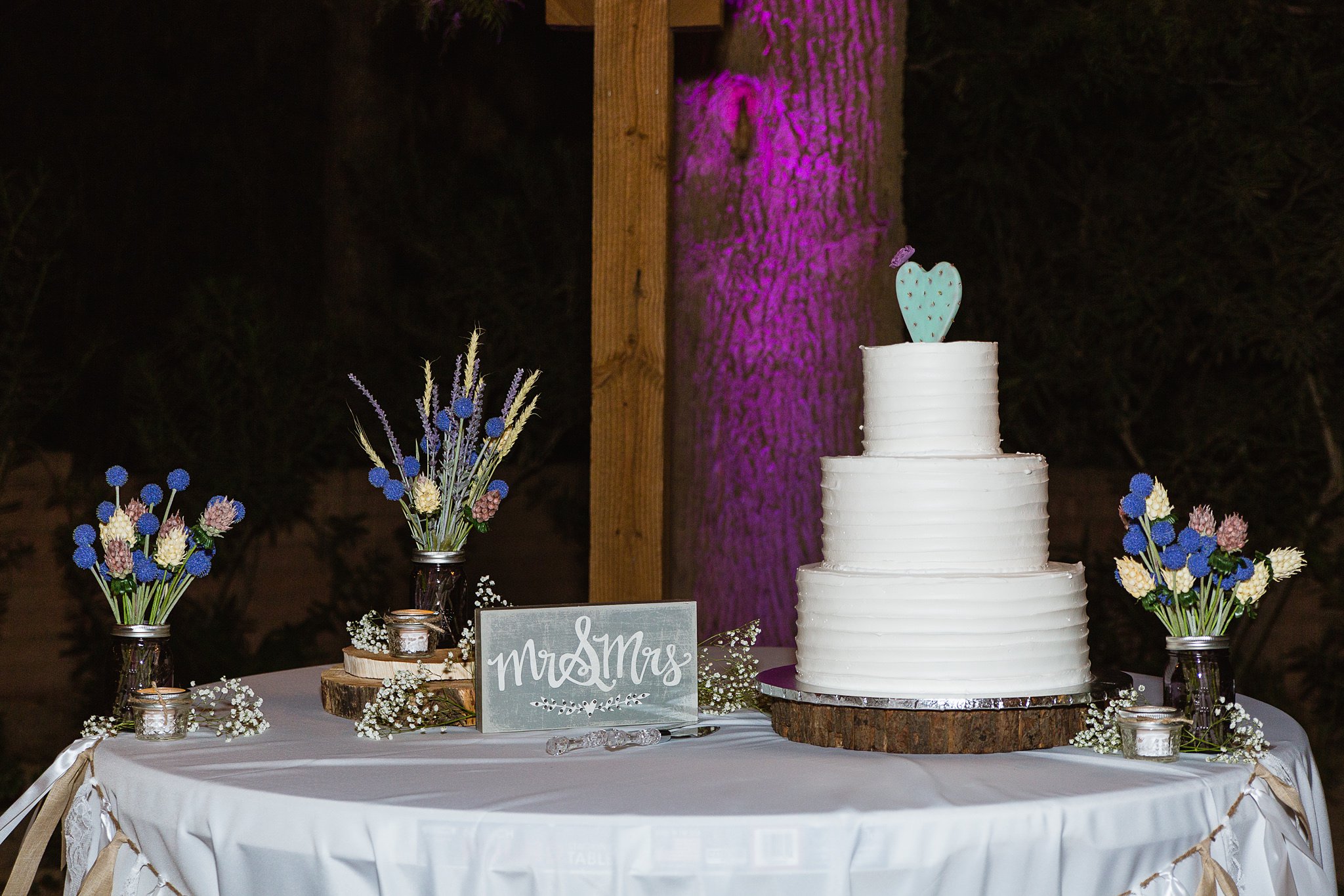 Simple rustic wedding cake topped with a purple cactus heart cake topper at rustic chic wedding reception by wedding photographers PMA Photography.