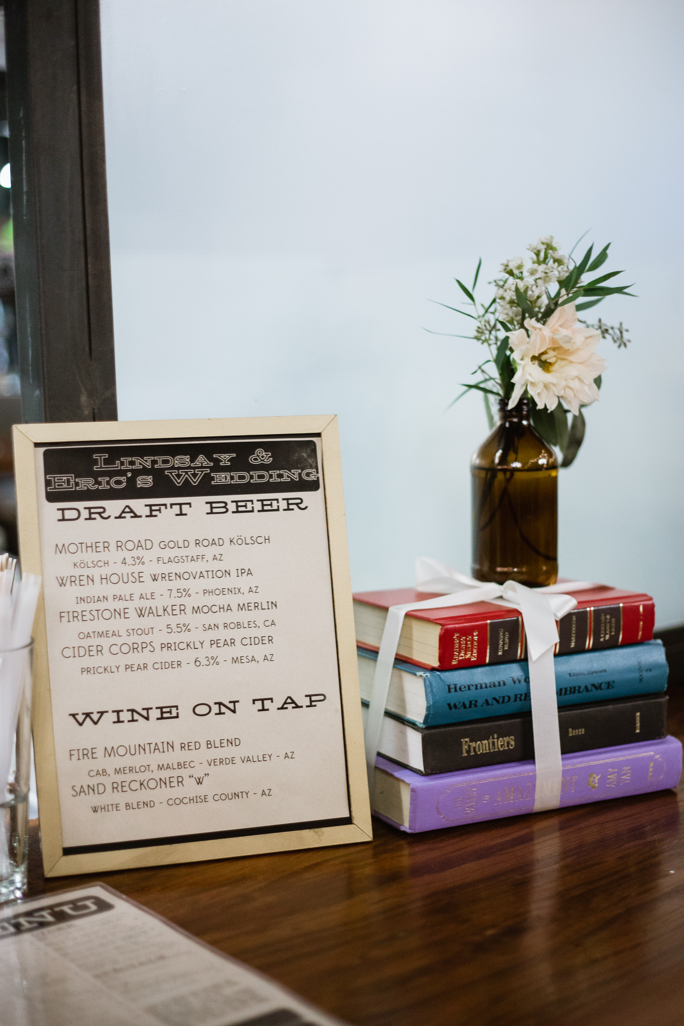 Specialty drink selection of draft craft beer and wine at a urban downtown wedding.