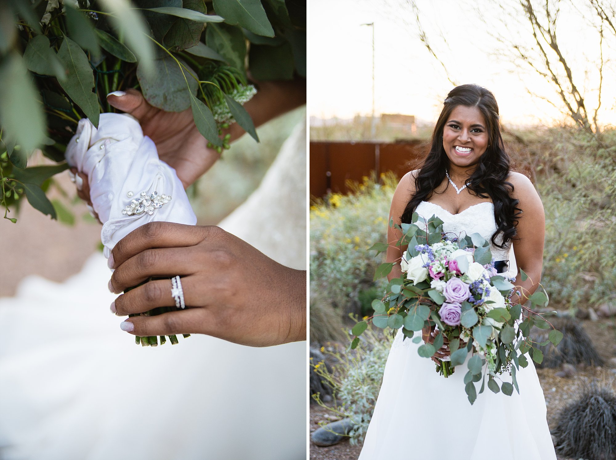 Image of bride's mother's wedding gloves wrapped around her bouquet and an image of the bride holding lavender and white bouquet at her desert wedding by Phoenix wedding photographer PMA Photography.