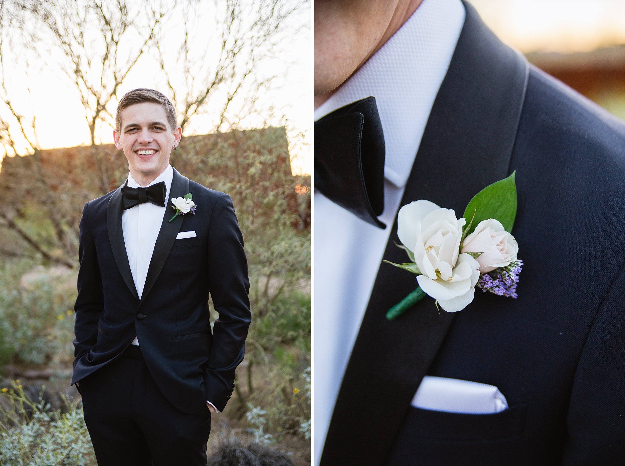 Close of image of small rose boutonniere paired with an image of a groom in a custom made midnight blue and black tux with a bowtie by Phoenix wedding photographers PMA Photography.
