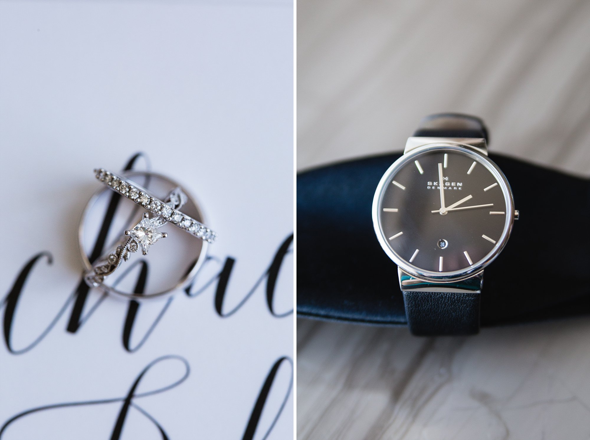 Paired images of wedding details: Three wedding rings on a wedding invitation and the grooms watch.