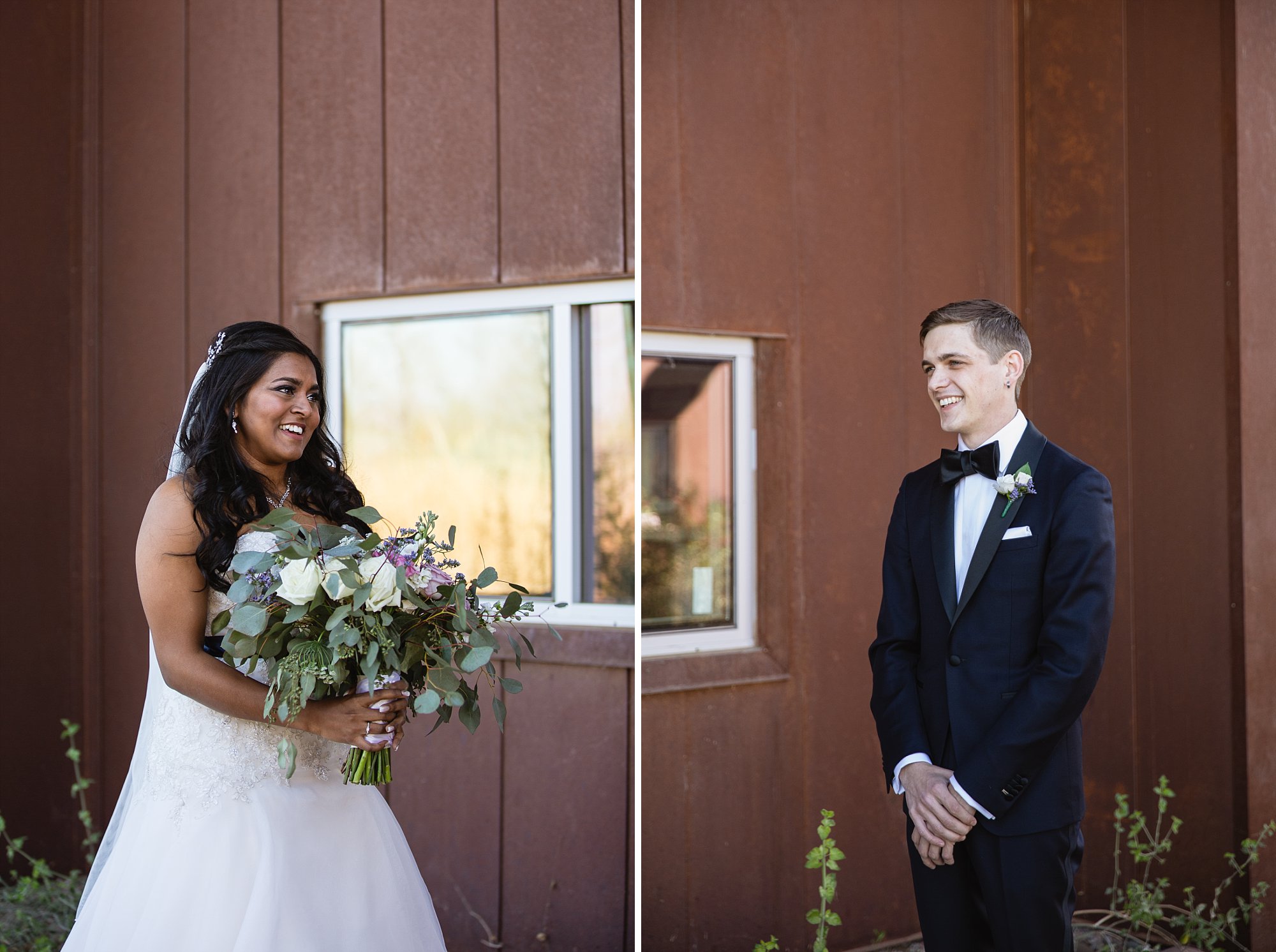 Bride and groom during their first look at the Rio Salado Audubon wedding venue in Phoenix Arizona by wedding photographer PMA Photography.