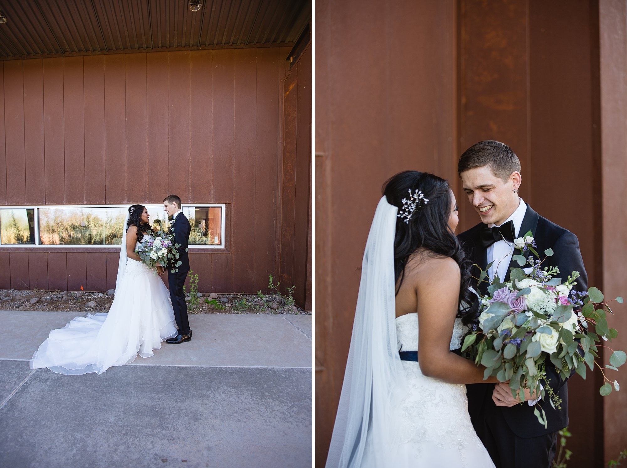 Bride and groom during their first look at the Rio Salado Audubon wedding venue in Phoenix Arizona by wedding photographer PMA Photography.