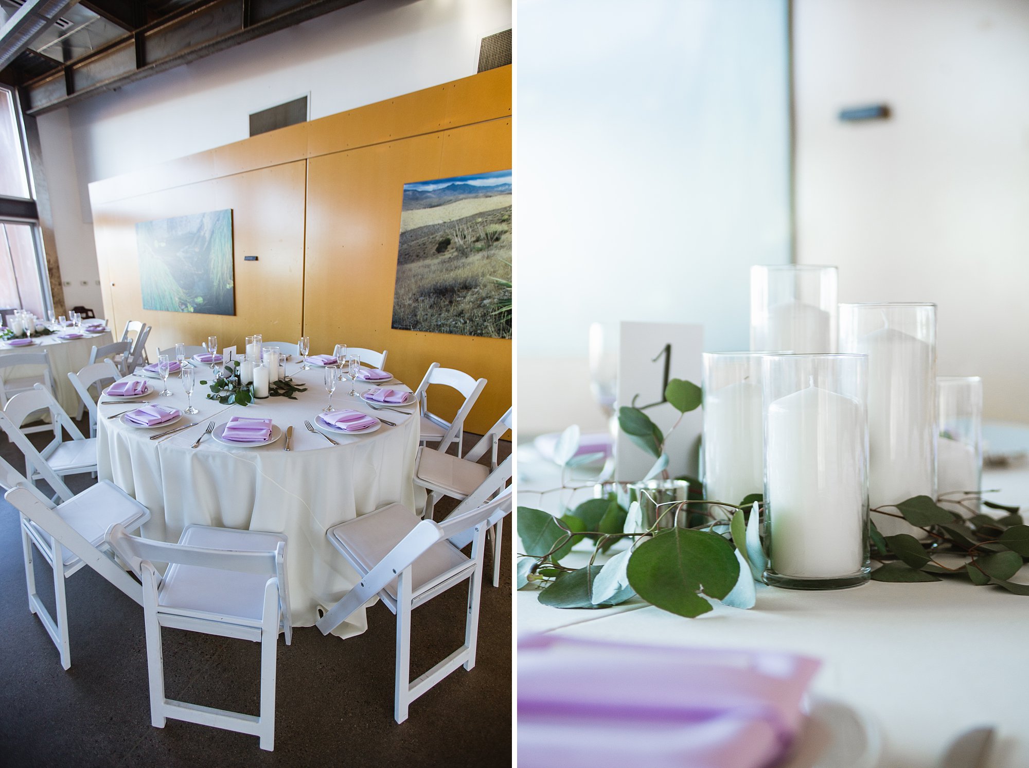 Wedding table and simple candle and eucalyptus centerpiece for a wedding at the Rio Salado Audubon Center in Phoenix Arizona.