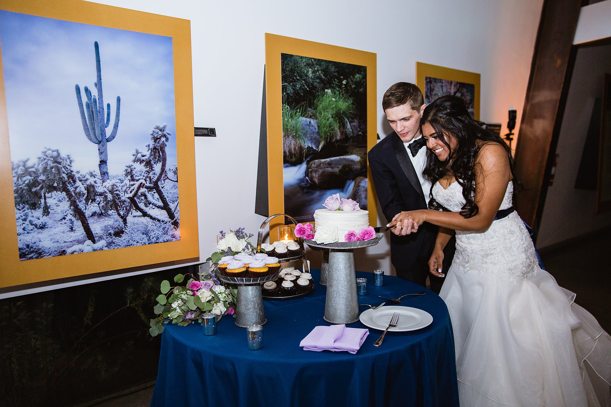 Bride and groom cutting their wedding cake during the reception at the Rio Salado Audubon center by Phoenix wedding photographer PMA Photography.