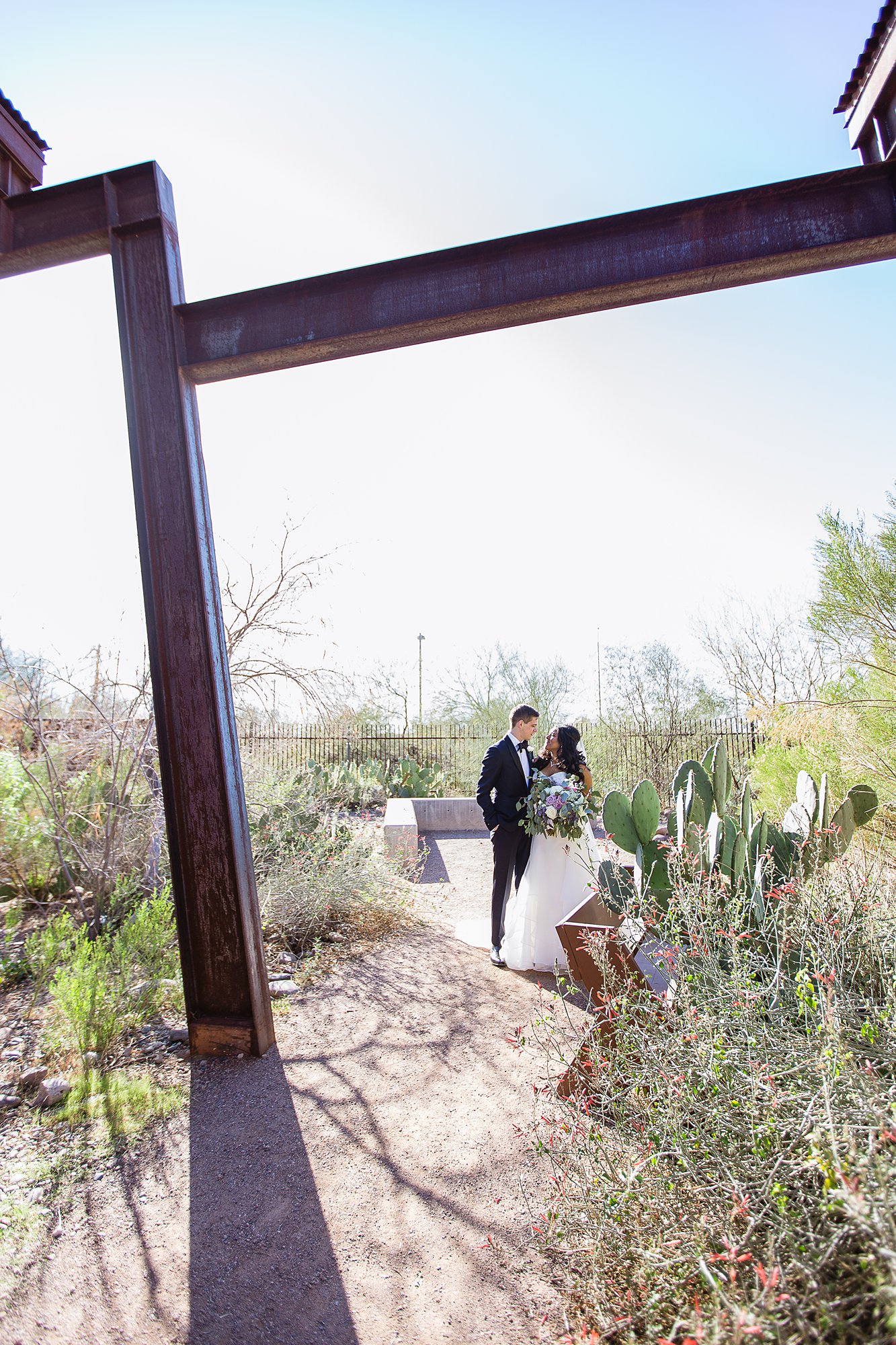 Bride and groom surrounded by the beauty of the winter desert at the Rio Salado Audubon Center by Phoenix wedding photographers PMA Photography.