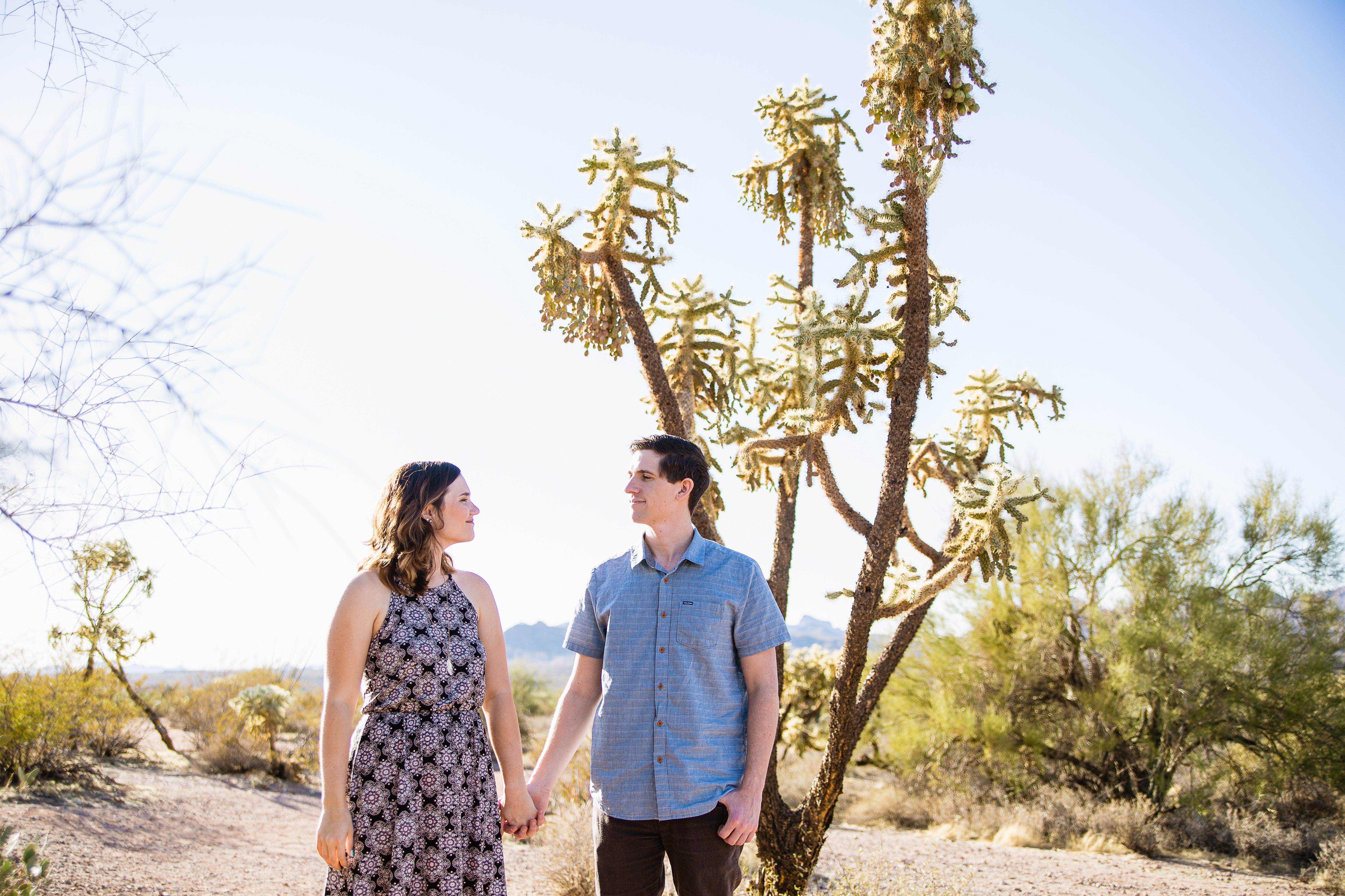 Couple stand in front of jumping cactus looking at each other desert engagement session at Lost Dutchman State Park by Phoenix wedding photographers PMA Photography.