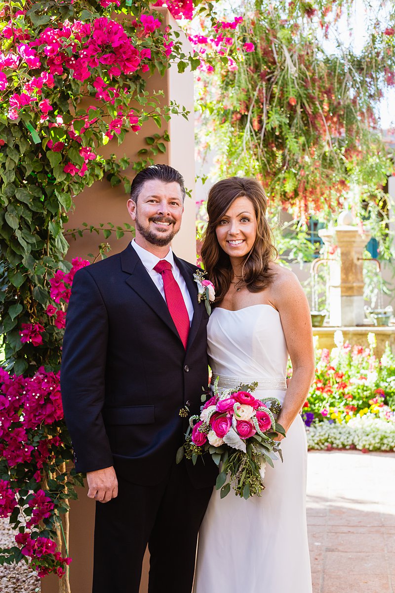 Classic pink bride and groom at Hermosa Inn in Phoenix Arizona by wedding photographers PMA Photography.