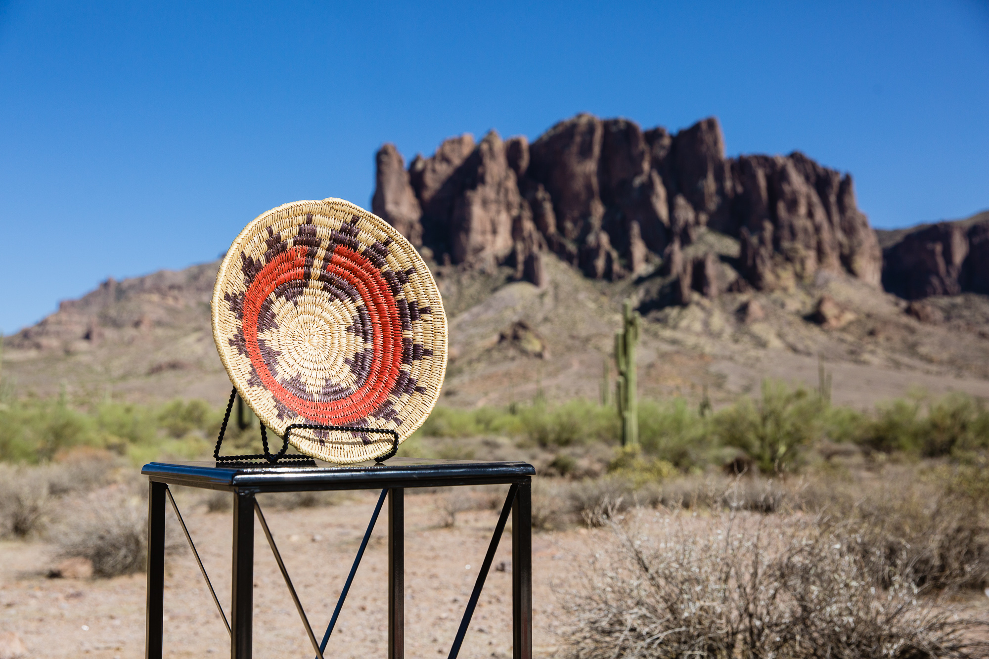 Navajo wedding basket at the superstition mountains at Lost Dutchman State Park by Arizona wedding photographer PMA Photography.