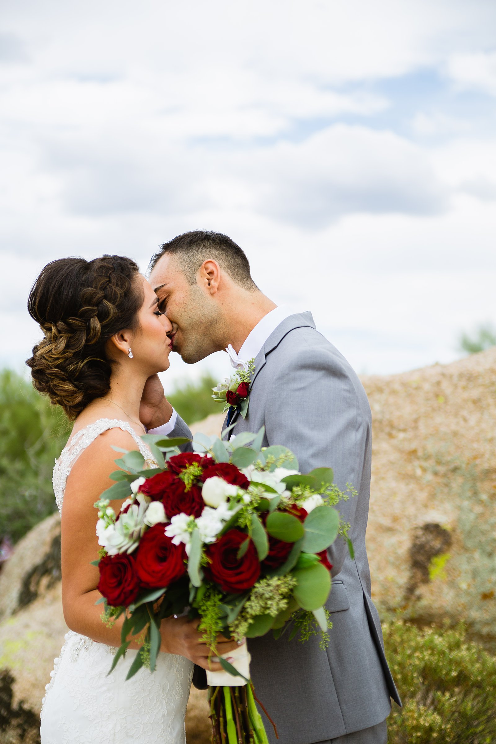 Bride and groom share an intimate moment during their first look at Troon North by Arizona wedding photographer PMA Photography.