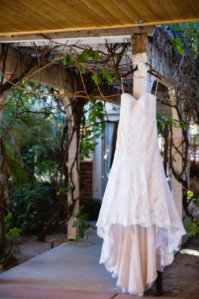 Bride's blush lace wedding dress for her The Farmhouse at Schnepf Farms wedding by PMA Photography.