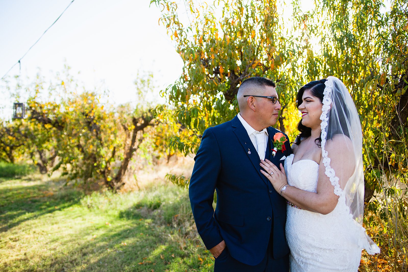 Bride and groom pose for their The Farmhouse at Schnepf Farms wedding by Queen Creek wedding photographer PMA Photography.