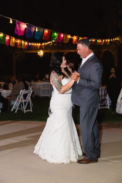 Father daughter dance at The Farmhouse at Schnepf Farms wedding reception by Arizona wedding photographer PMA Photography.