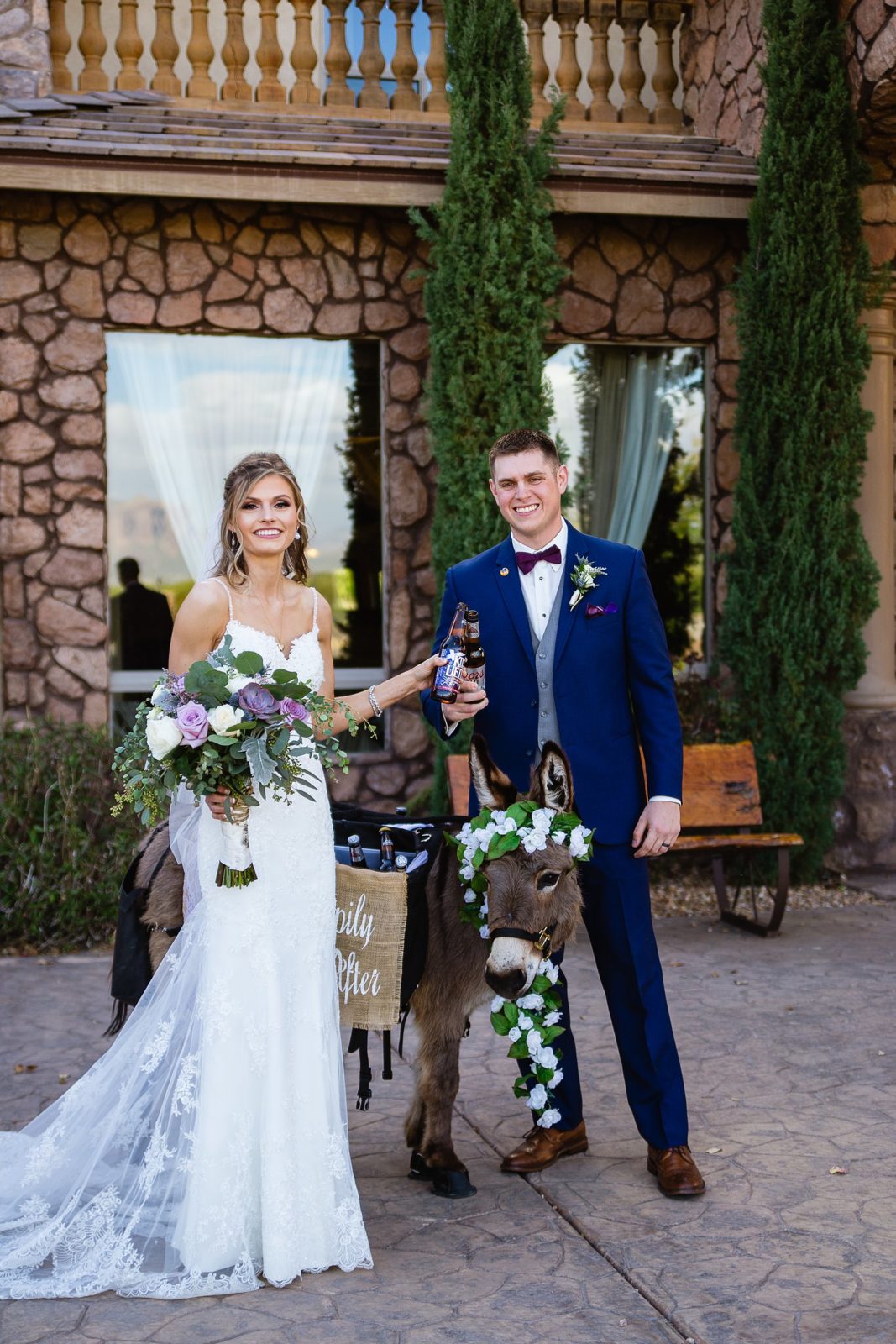 Bride and groom toasting with the beer burro at their Superstition Manor wedding by Arizona wedding photographer PMA Photography.