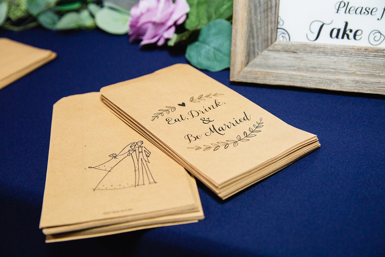 Eat, Drink, & Be Married paper bags for guests to fill with a late night popcorn snack by PMA Photography.