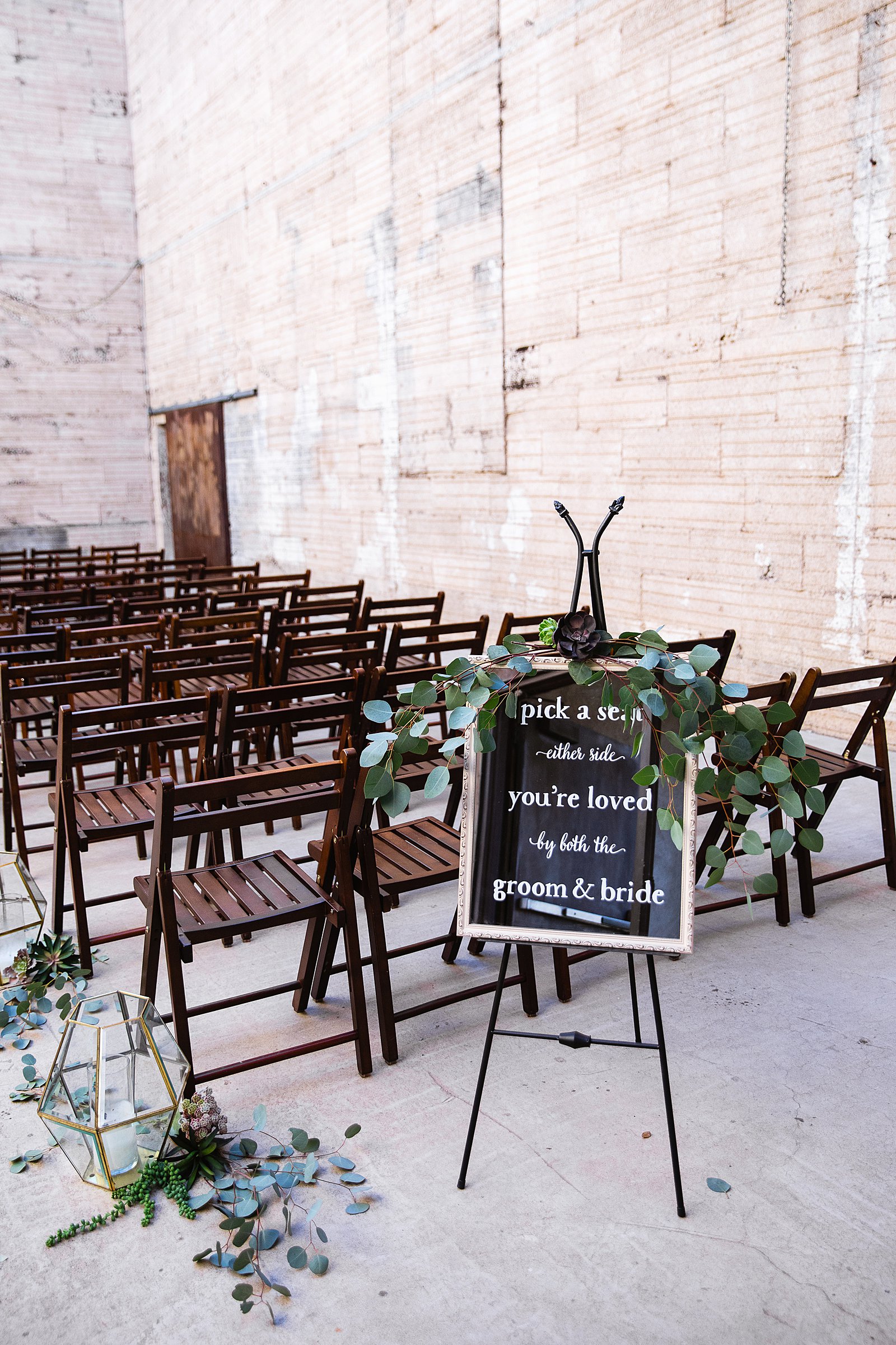 Pick a seat either side wedding ceremony sign at the Ice House wedding venue by Phoenix wedding photography by PMA Photography.