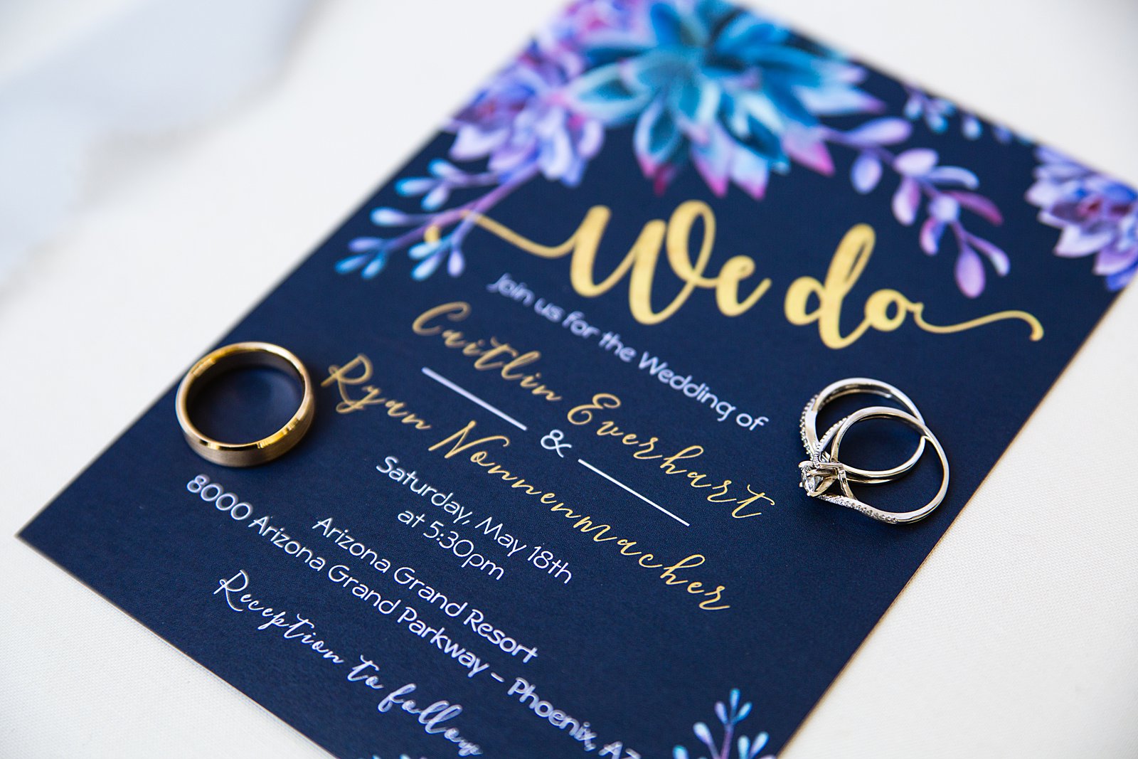 Blue and purple floral wedding stationary by Phoenix wedding photographer PMA Photography.