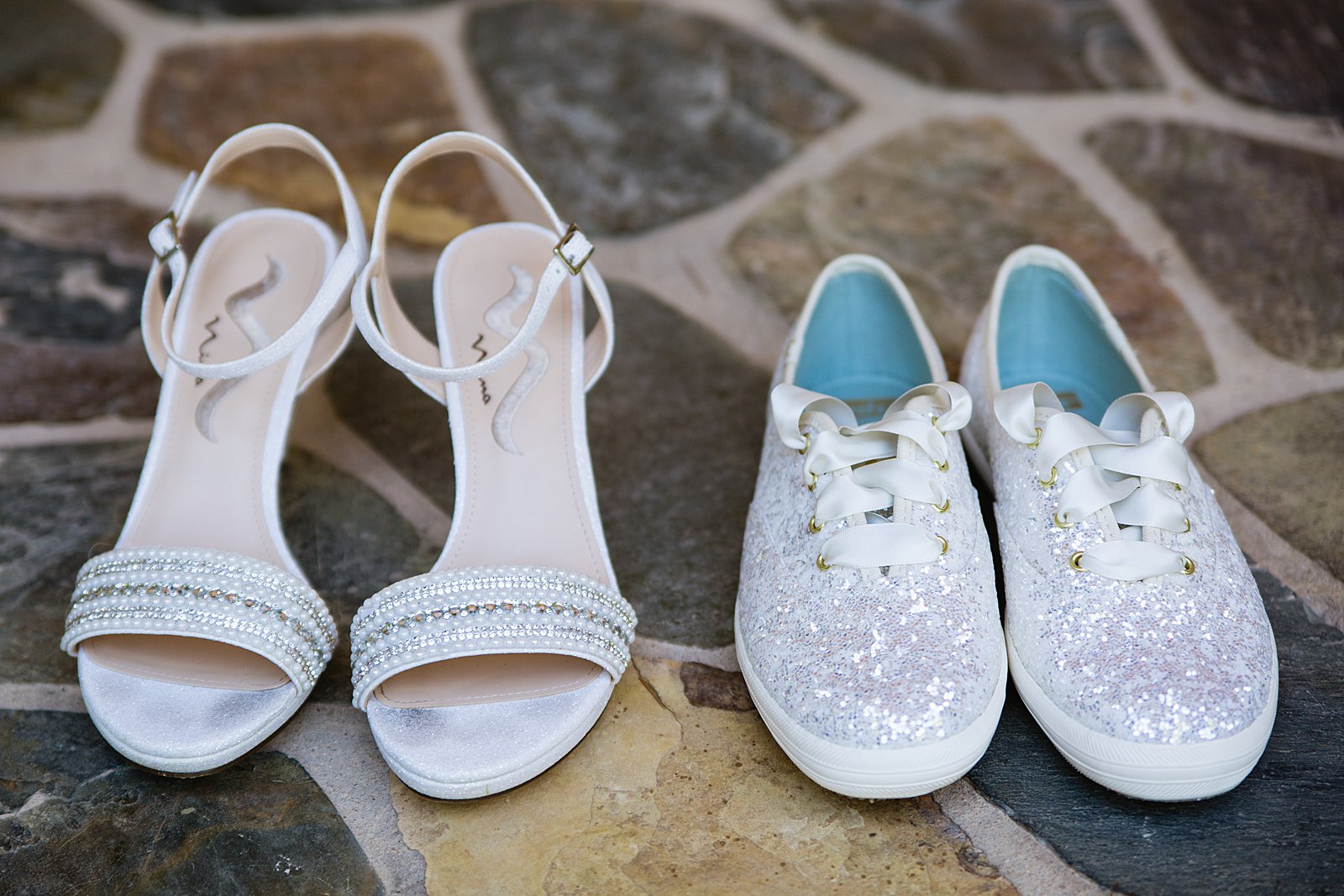 Bride's wedding day heels and matching sparkly reception keds by PMA Photography.
