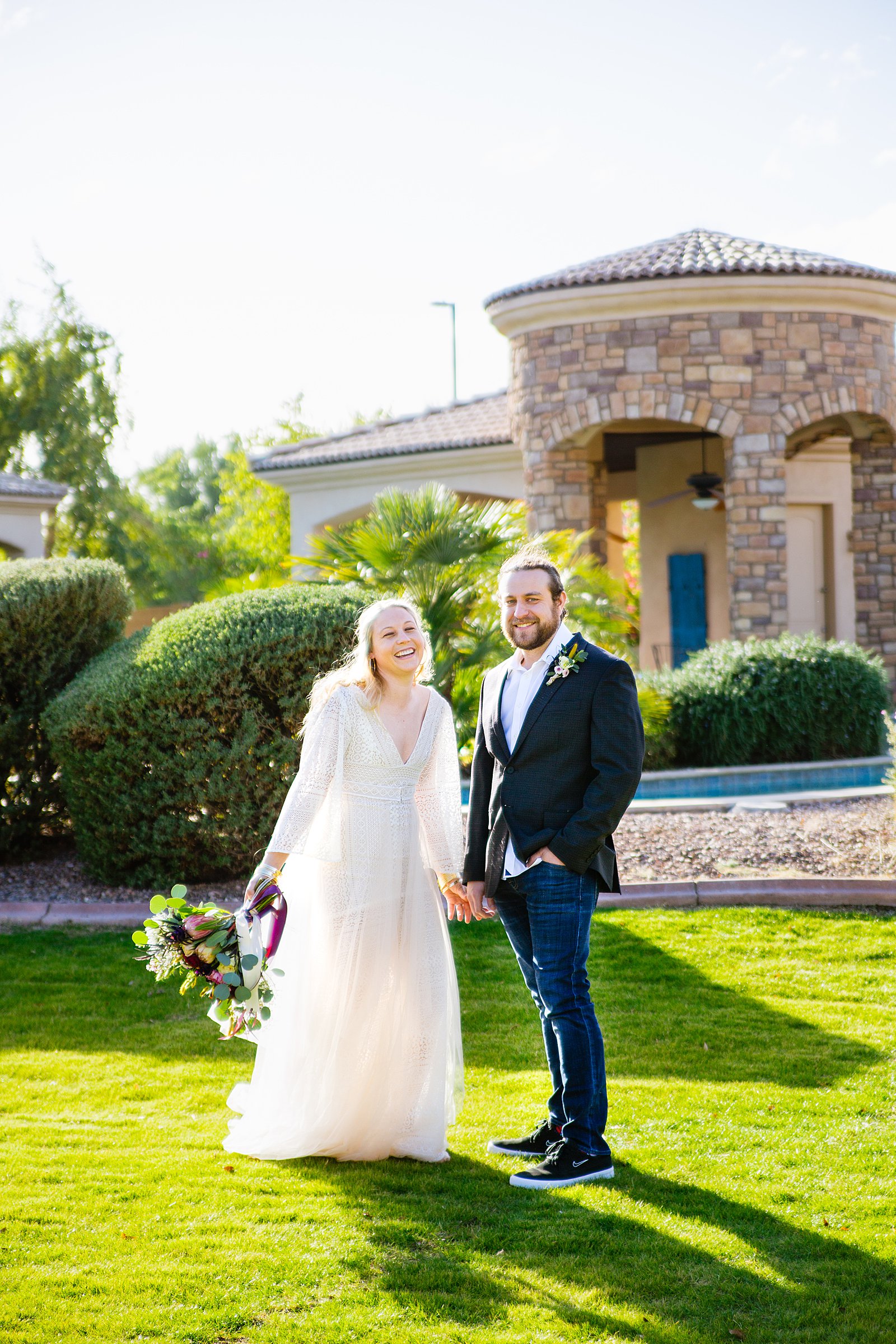 Bride and Groom's first look for their backyard wedding by Phoenix wedding photographer PMA Photography.