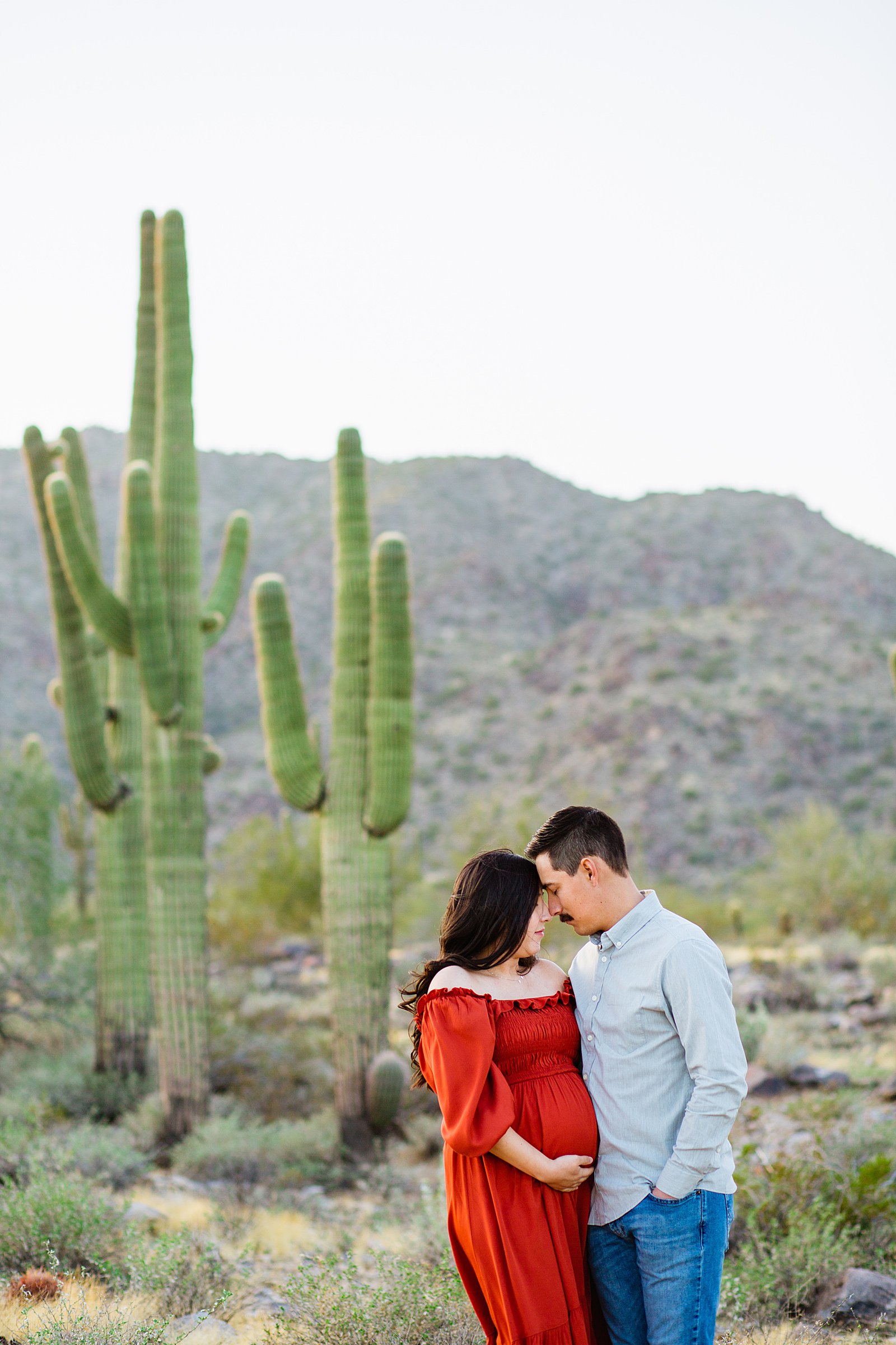 Couple share an intimate moment during their White Tanks maternity session by Phoenix engagement photographer PMA Photography.