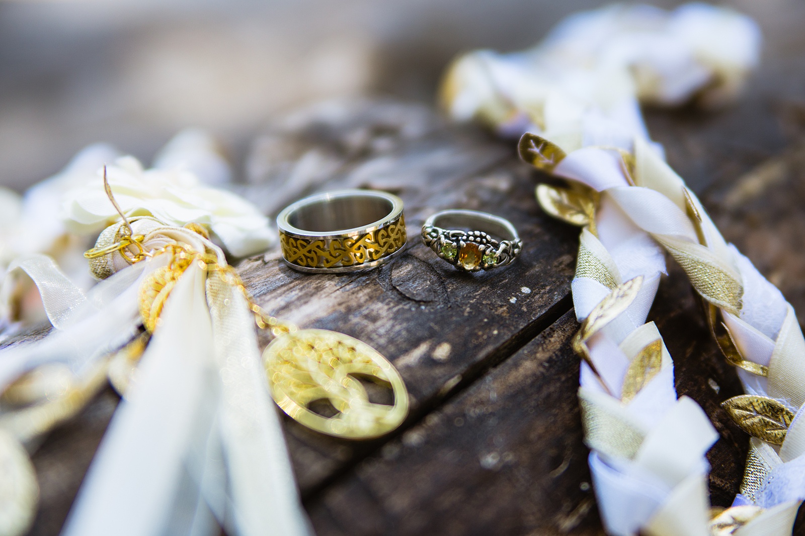 Bride and grooms silver and gold unique renaissance inspired wedding rings with handfasting chord by PMA Photography.