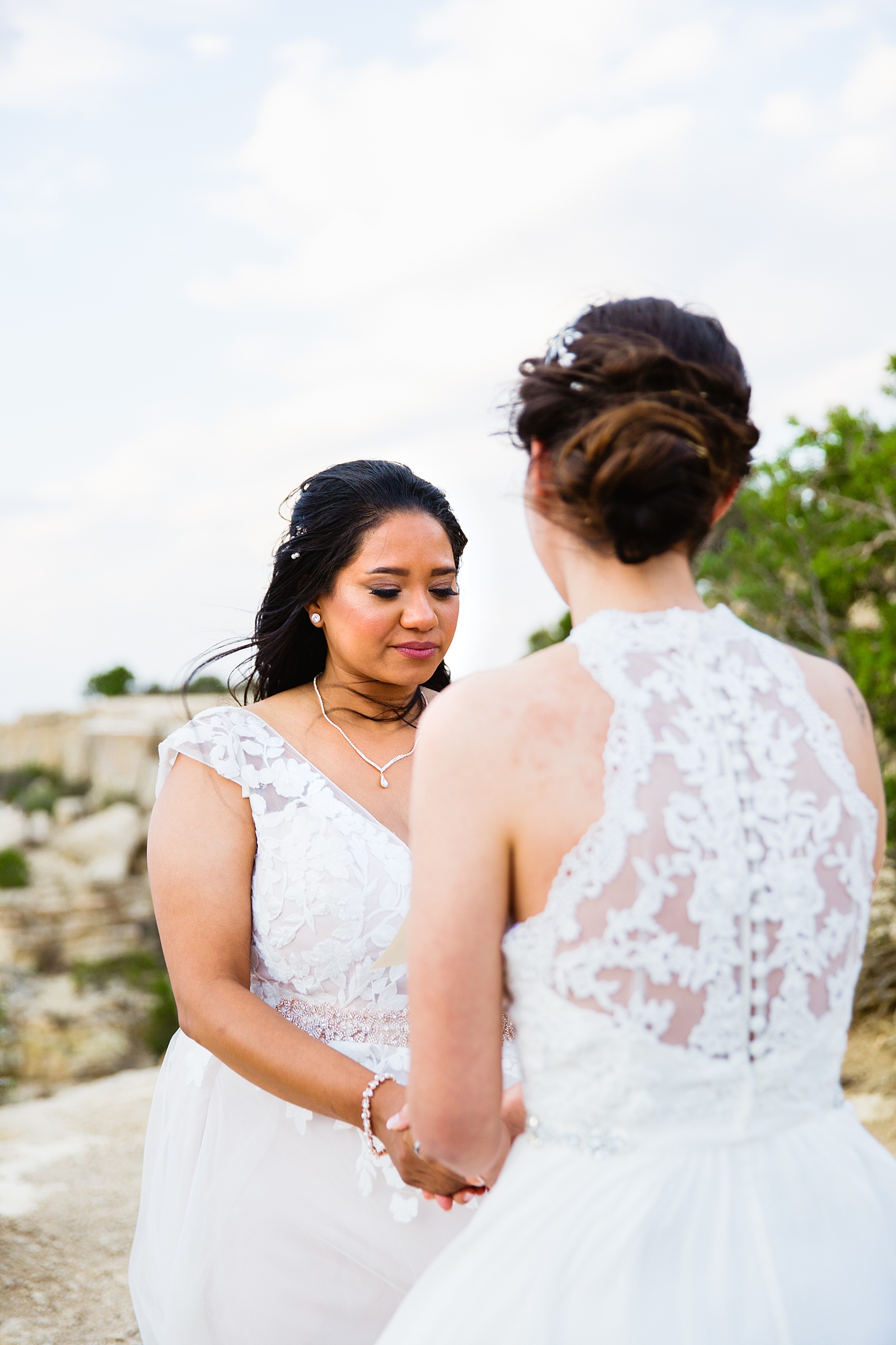 Lesbian couple exchange vows during their wedding ceremony at Moran Point by Arizona elopement photographer PMA Photography.