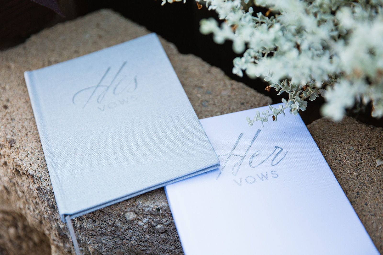 Grey his and her vow books for a garden elopement by Arizona elopement photographer PMA Photography.