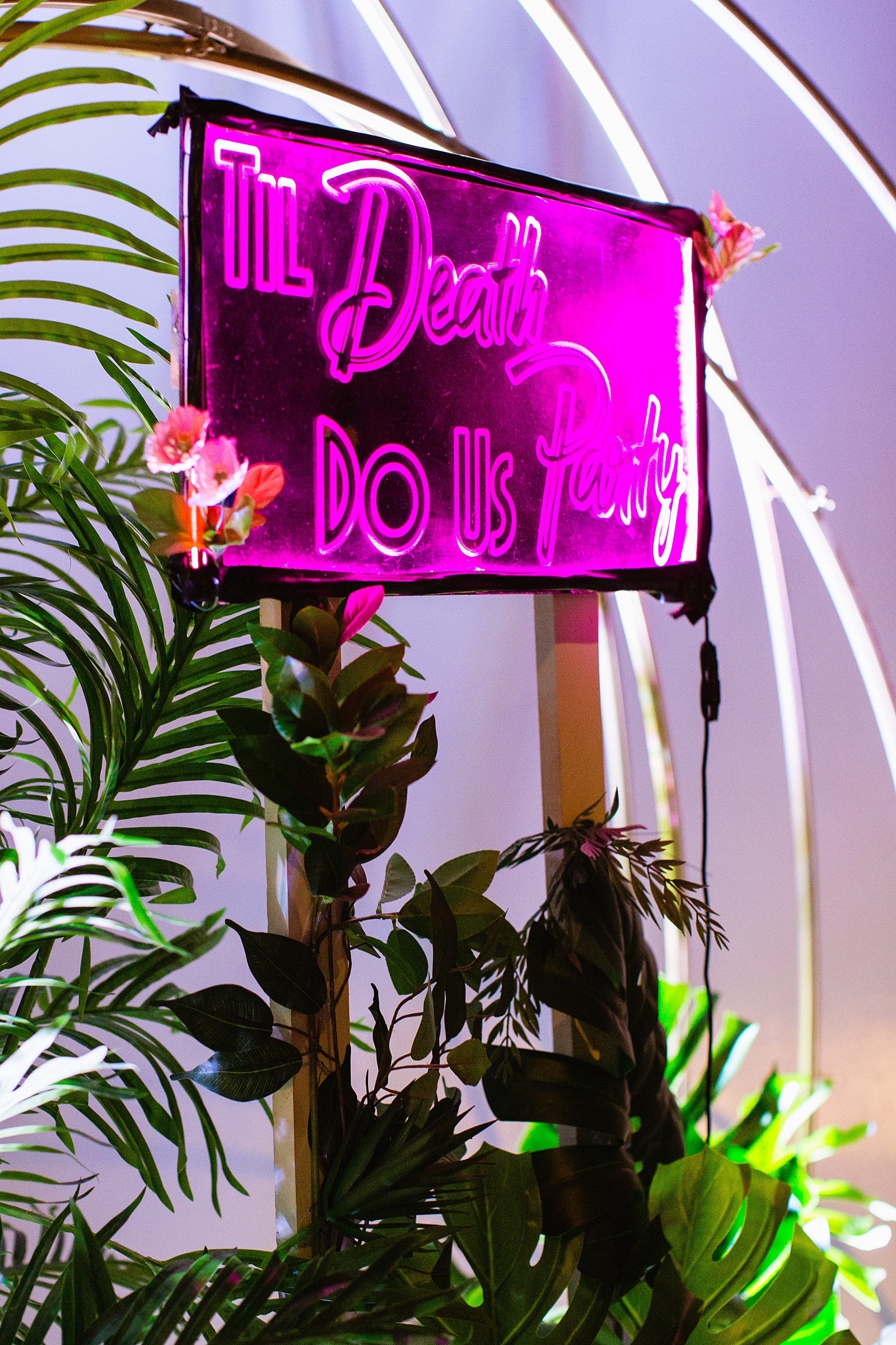 Til Death Do Us Party neon sign for decoration on the dancefloor at a MonOrchid wedding by Phoenix wedding photographer PMA Photography.