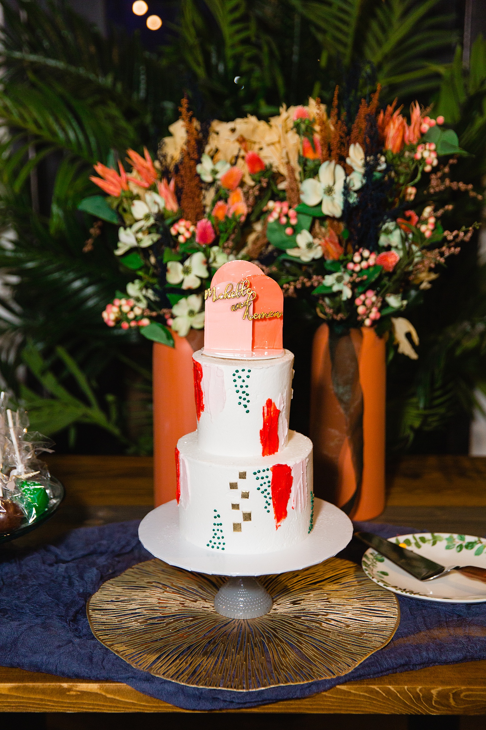 Peach, turquoise and gold art deco inspired wedding cake by Arizona wedding photographer PMA Photography.