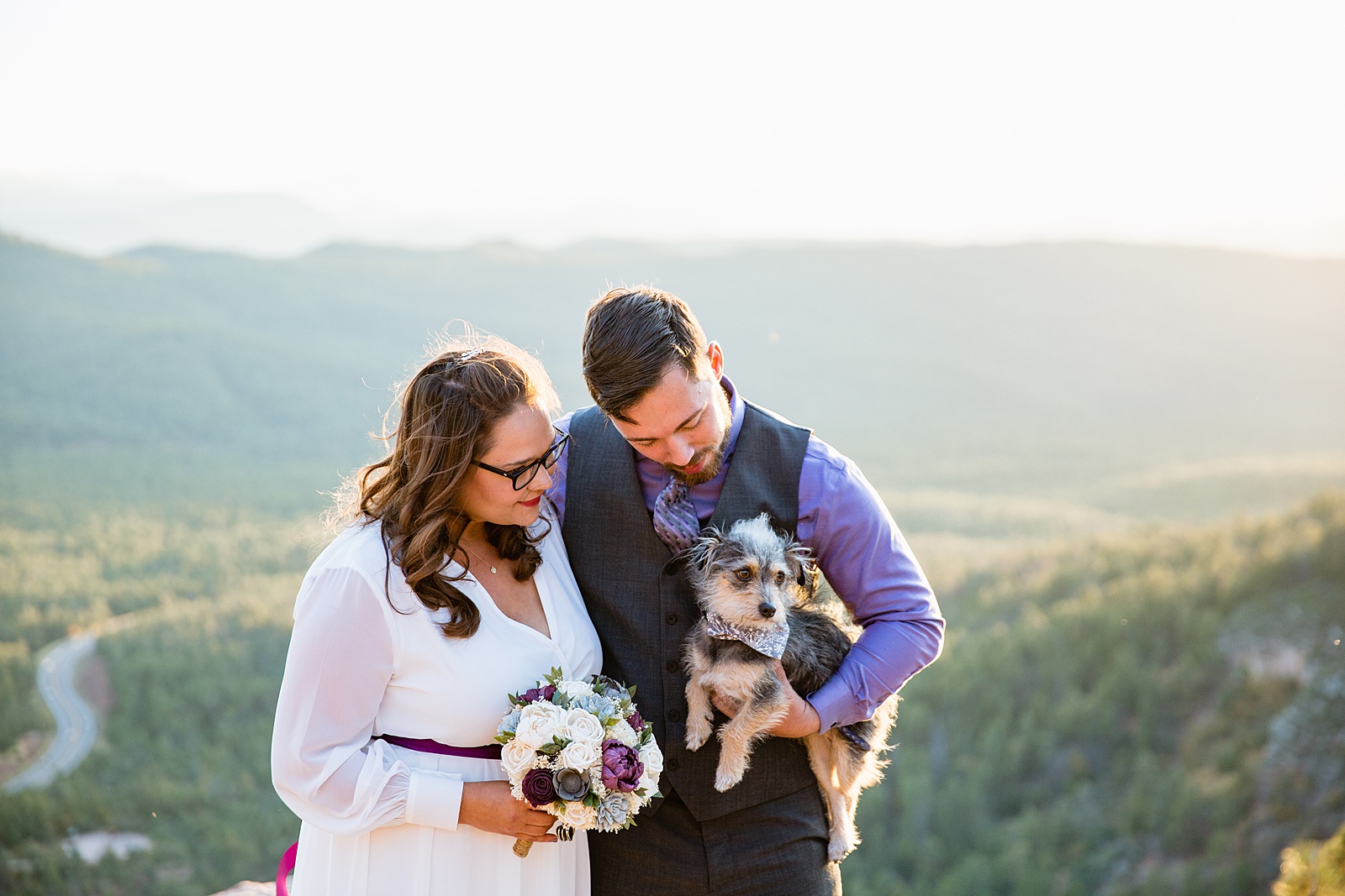 Bride and Groom pose with their dog for their Mogollon Rim elopement by Payson elopement photographer PMA Photography.