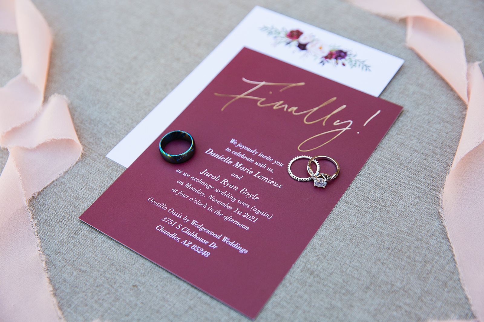 Maroon and White wedding invitation suite with wedding rings by Arizona wedding photographer PMA Photography.