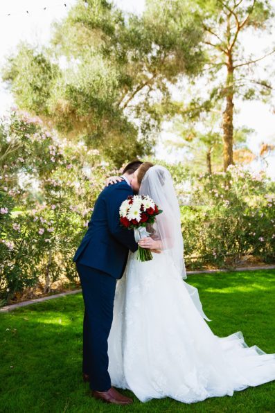 Bride and Groom's first look at Ocotillo Oasis by Phoenix wedding photographer PMA Photography.