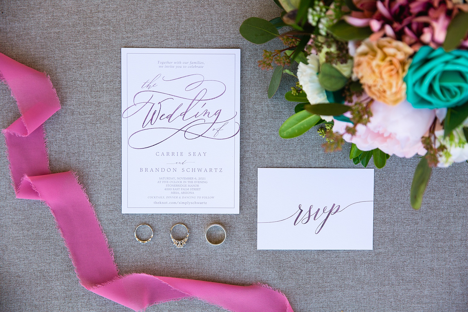 Romantic inspired pink and white wedding invitations with wedding rings by Arizona wedding photographer PMA Photography.