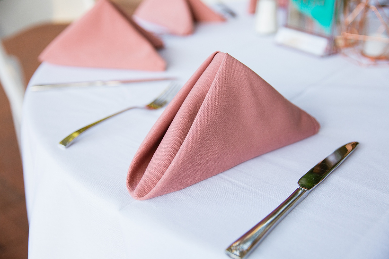 Dusty rose folded napkin table setting at a garden wedding at Stonebridge Manor wedding venue by PMA Photography.