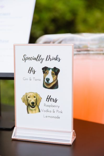 Custom specialty drinks sign with watercolor pictures of the couple's dogs by Arizona wedding photographer PMA Photography.