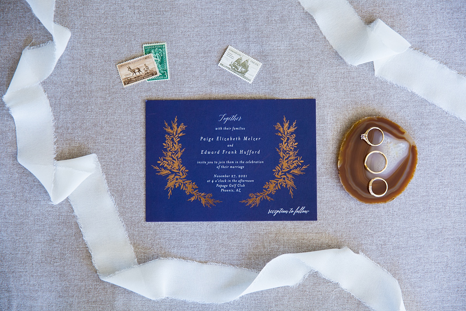 Navy and copper wedding invitations by Phoenix wedding photographer PMA Photography.