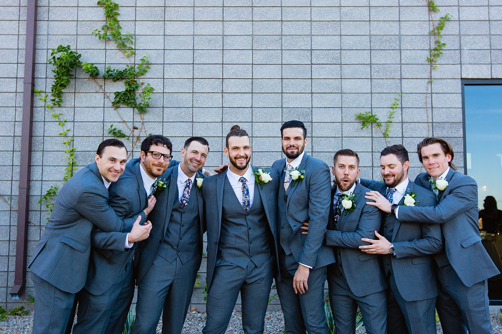 Groom and groomsmen together at a Papago Events wedding by Arizona wedding photographer PMA Photography.