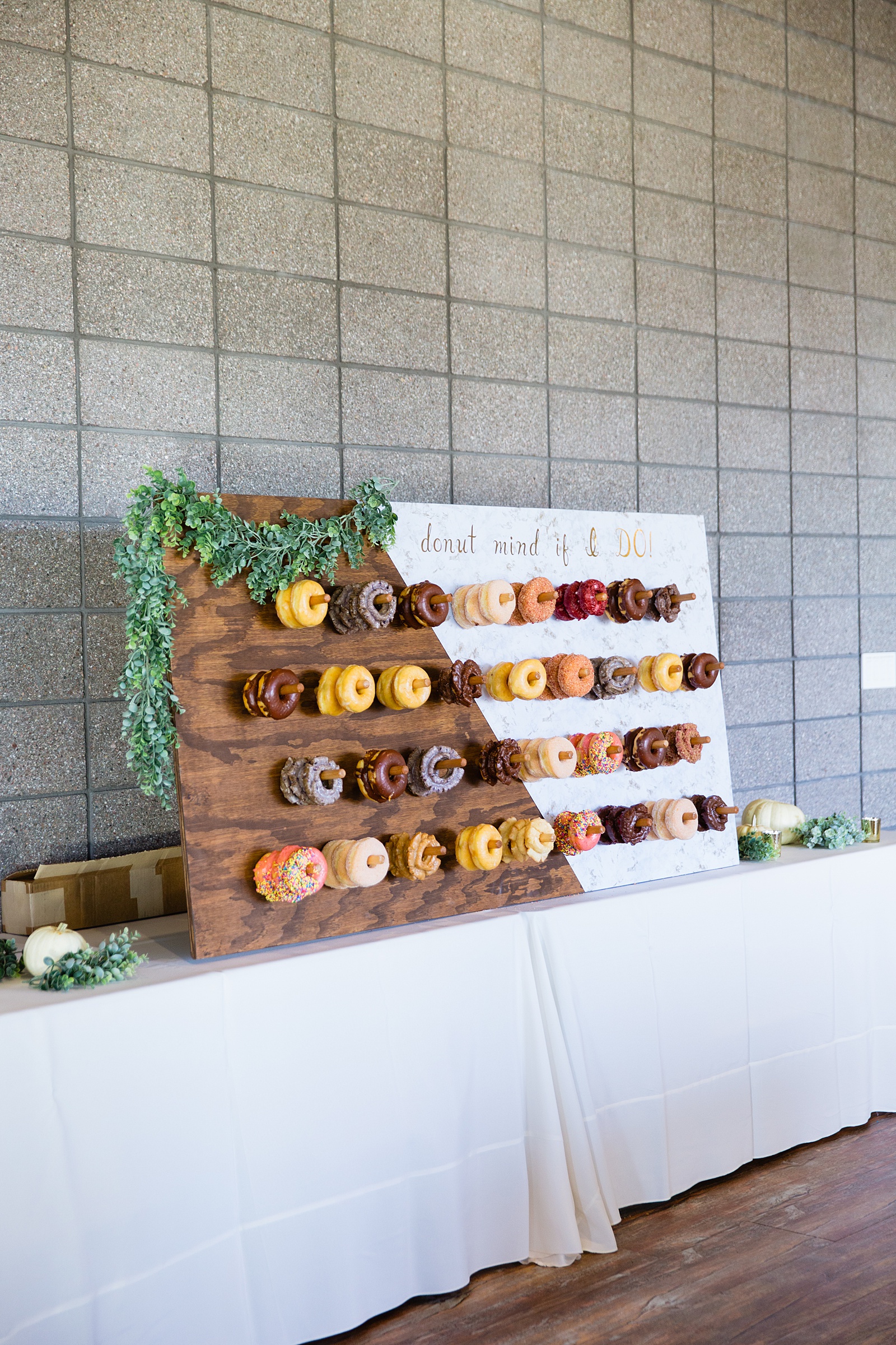 "Donut mind if I DO" modern rustic donut display reception decorations at Papago Events wedding reception by Phoenix wedding photographer PMA Photography.
