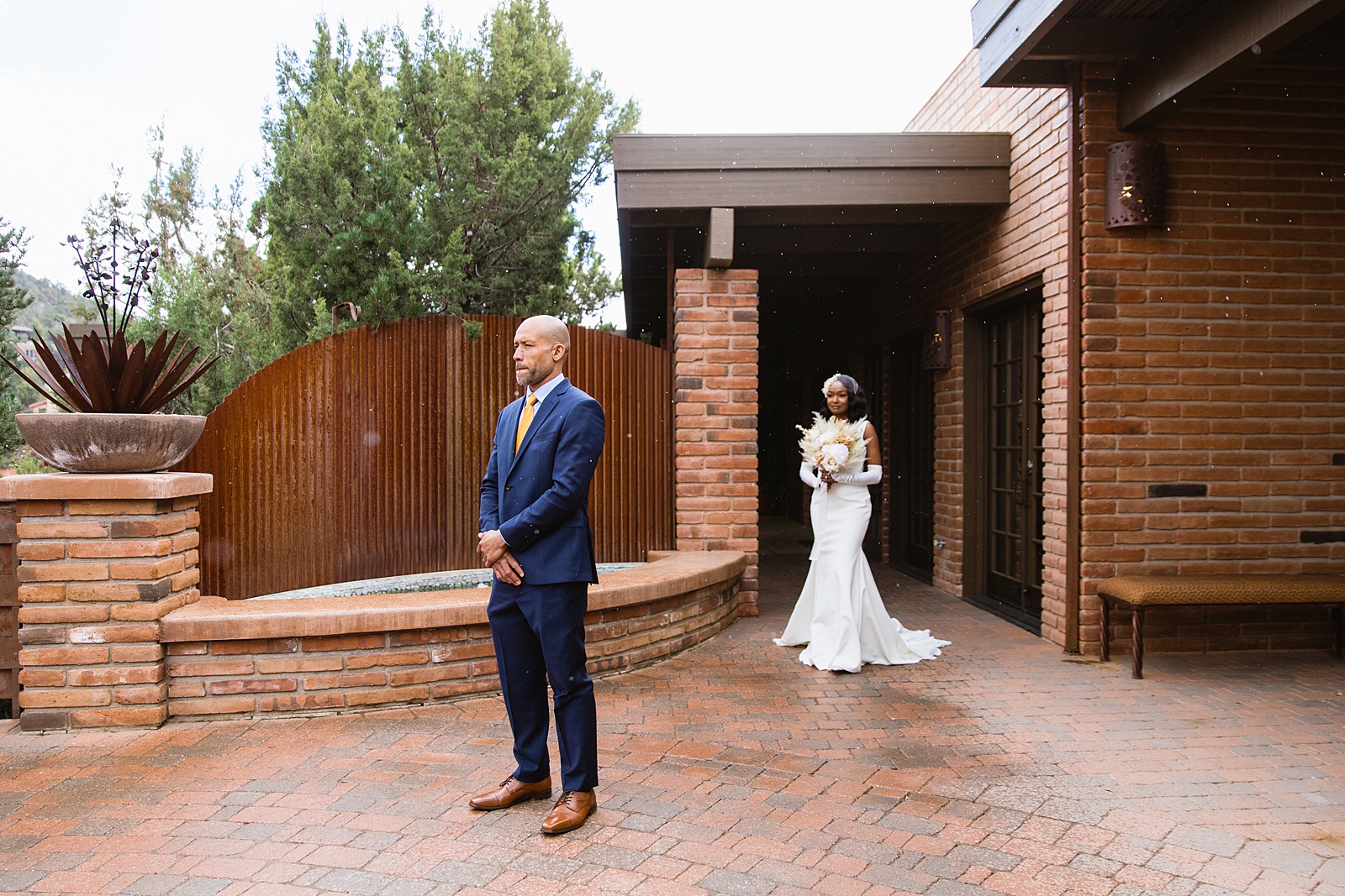 Newlyweds's first look at Agave of Sedona by Arizona wedding photographer PMA Photography.